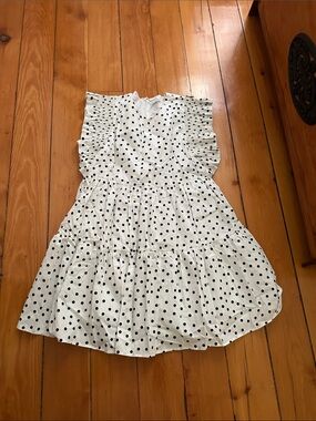 English Factory White Dress with Black Polka Dots and Ruffle Sleeves